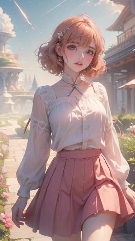 ((best quality, 8K, masterpiece: Create a dream, Romantic, And the ethereal scene. Imagine a woman wearing a short red skirt，Short curly blond hair, Riding the moon clouds, walking gracefully on the vortex. In the sky，Her peaceful face reflects her eyes. The background is a beam of dazzling sunlight, Create a whimsical, Dreamy atmosphere. The whole scene should evoke a sense of fantasy and wonder, Combining elements of surrealism and poetry.