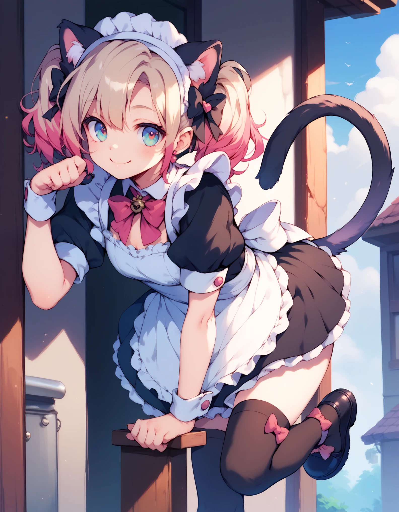 score_9, score_8_up, score_7_up, score_6_up, 1girl, solo, multiple colored hairs, maid, black cat tail, smile, black thighhigh, leaning forward, leg up outside, charm posing, paw, paw stamps, paw stamps, paw stamps background