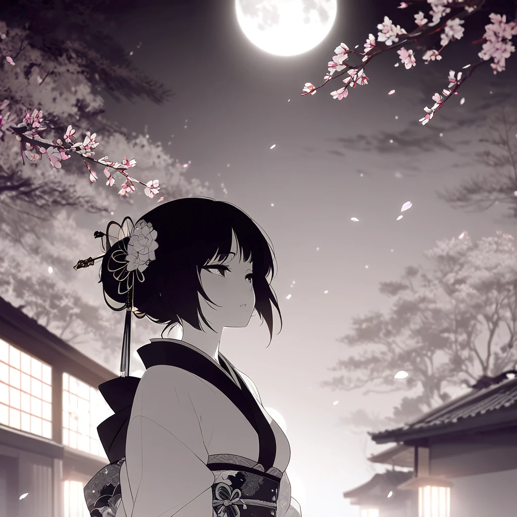 (masterpiece:1,2), Highest quality, masterpiece, High resolution, original, Very detailed壁紙, Perfect lighting,geisha, kimono,tattoo,(((Black and White))),Very detailed,alone,Cold Eyes,look up,Goodbye,moon,Black Hair,petal,sexy, whole body