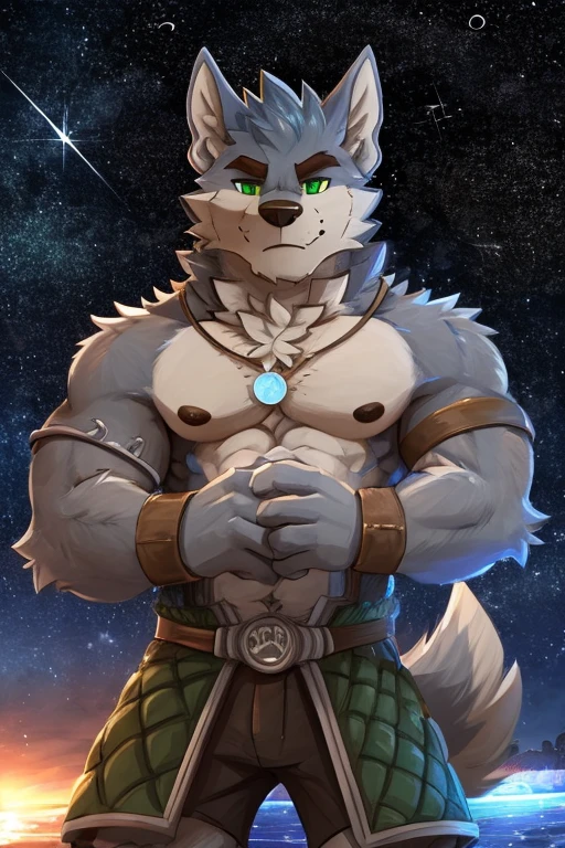 (great quality), lobo, alone, detailed face, detailed body, 5 fingers, Detailed hands, green eyes, detailed eyes, short hair, 2 arms, whole body, ((creative pose to draw it)), to the screen, ((starry background)), ((Whole body)), ((panoramic shot)), por pache riggs