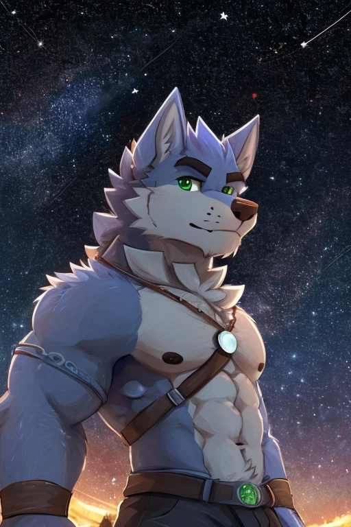 (great quality), lobo, alone, detailed face, detailed body, 5 fingers, Detailed hands, green eyes, detailed eyes, short hair, 2 arms, whole body, ((creative pose to draw it)), to the screen, ((starry background)), ((Whole body)), ((panoramic shot)), por pache riggs