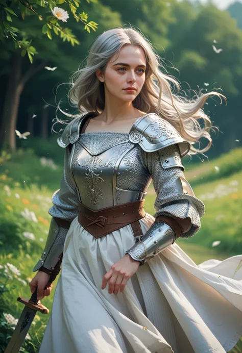 medieval, tall woman, mature, silver armor, sword in hand, neutral gaze, hair in the wind, long hair., anatomically correct, bes...