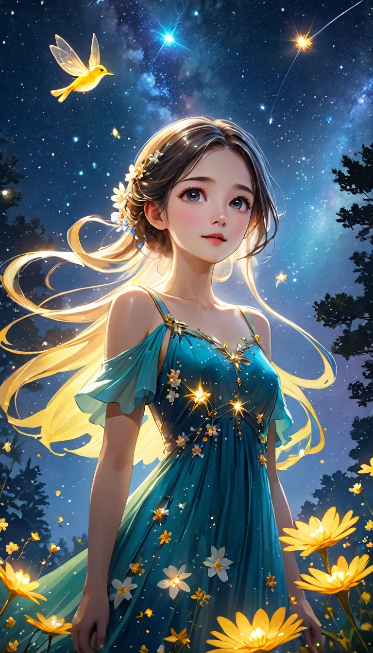 Highest quality, Great quality, 8k, Very detailed, 2.5D, delicate and dynamic, Fireflies flying around with small lights, night, Starry Sky, milky way, nebula, shooting star, Flowers, bird, Kind eyes,The expression of mercy,  Healthy body shape, Small breasts,  Colorful long dress, Absurd,