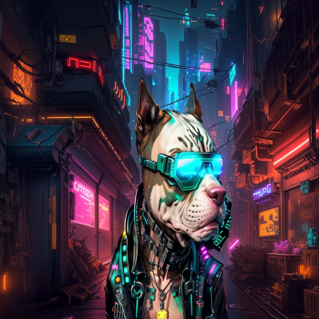 cyber dog with glowing glasses on a city street, cyberpunk art style, cyberpunk vibes, cyberpunk themed art, gato ciberpunk, on cyberpunk style, cyborg - pitbull, cyberpunk art, cyberpunk artstyle, cyberpunk vibe, has style , brown pitbullcyberpunk, cyberpunk digital art, cyber dog, high quality cyberpunk art, cyberpunk illustration, cyberpunk aesthetic, cyborg - pitbull taking a selfie, in the cyberpunk city