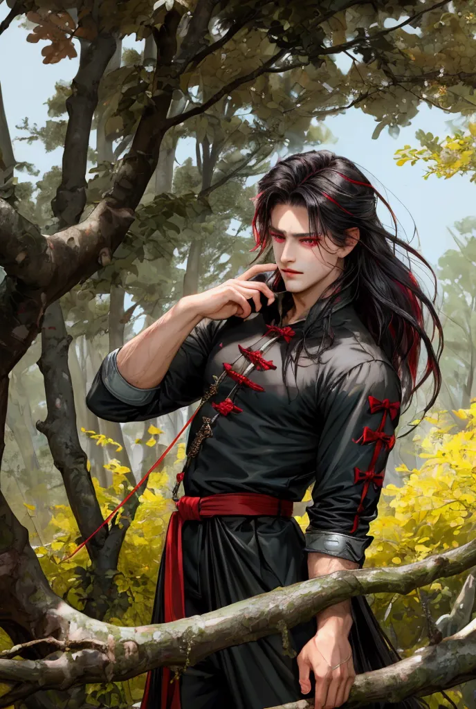 handsome male, red eyes , black long hair , archer clothing ,bow in hand , mark on the forehead ,in the woods , a high resolutio...