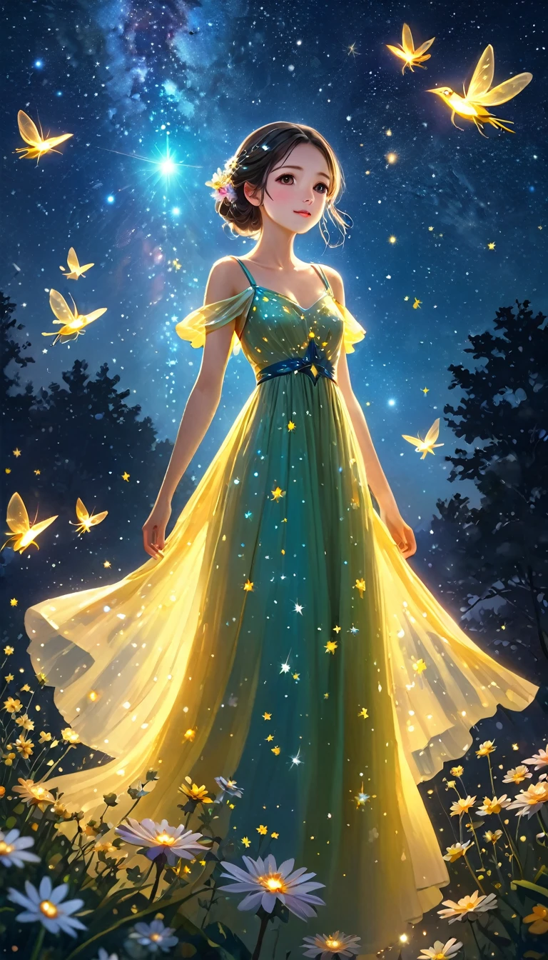 Highest quality, Great quality, 8k, Very detailed, 2.5D, delicate and dynamic, Fireflies flying around with small lights, night, Starry Sky, milky way, nebula, shooting star, Flowers, bird, Kind eyes,The expression of mercy,  Healthy body shape, Small breasts,  Colorful long dress, Absurd,