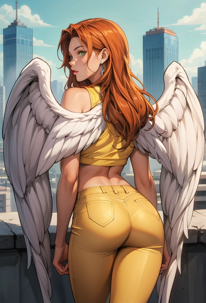 perfect eyes:1.2, detailed eyes:1.4, serious, ShayeraDC, green eyes, orange hair, angel wings, feathered wings, wings, long hair, green eyes, yellow crop top, yellow pants, cowboy shot, 1girl, solo, (masterpiece:1.6, best quality), 8k, insane details, intricate details, hyperdetailed, hyper quality, high detail, ultra detailed, professional, HDR, ray tracing reflection, cinematic lighting,