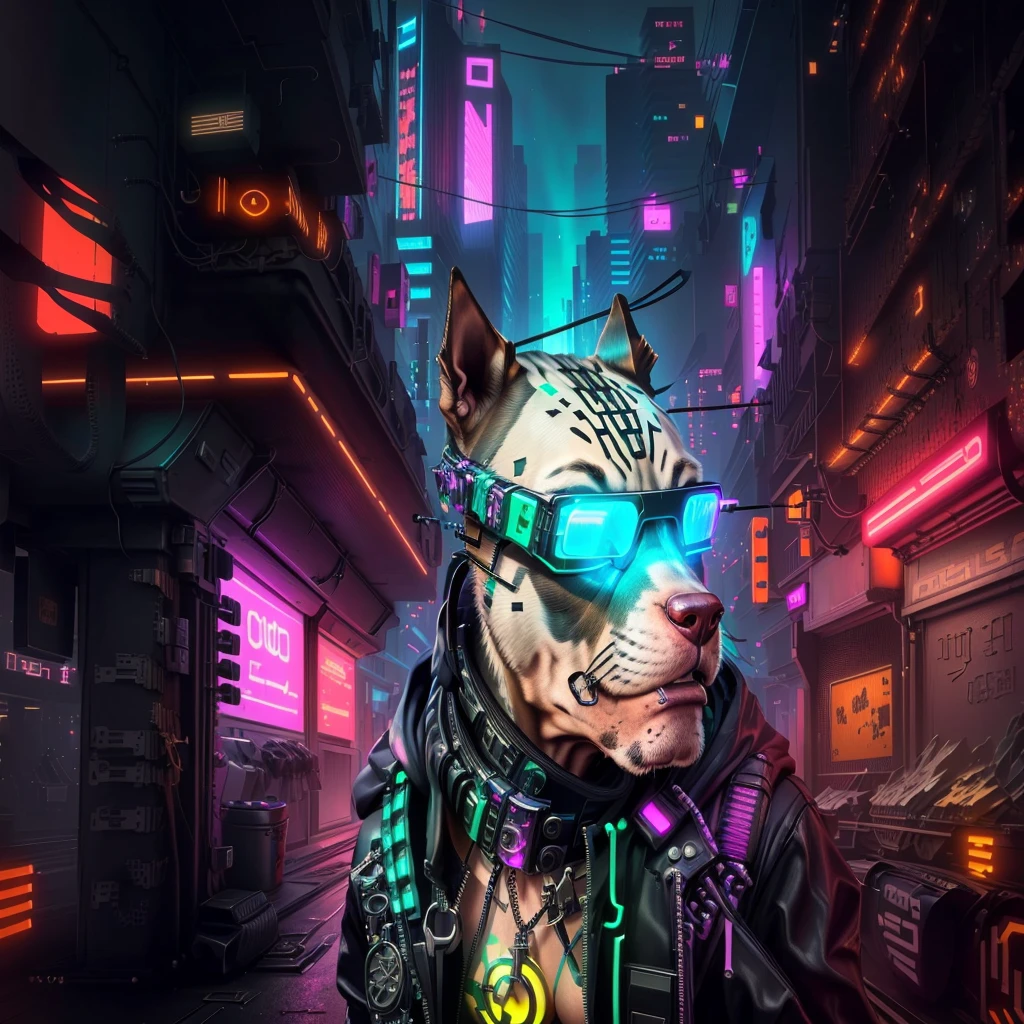 cyber dog with glowing glasses on a city street, cyberpunk art style, cyberpunk vibes, cyberpunk themed art, cyberpunk pitbull dog, on cyberpunk style, cyborg - pitbull, cyberpunk art, cyberpunk artstyle, cyberpunk vibe, has style , cyberpunk brown pitbull, cyberpunk digital art, cyber dog, high quality cyberpunk art, cyberpunk illustration, cyberpunk aesthetic, cyborg - pitbull taking a selfie, in the cyberpunk city