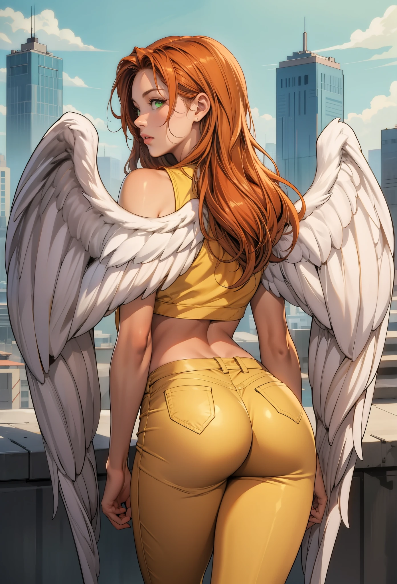 perfect eyes:1.2, detailed eyes:1.4, serious, ShayeraDC, green eyes, orange hair, angel wings, feathered wings, wings, long hair, green eyes, yellow crop top, yellow pants, cowboy shot, 1girl, solo, (masterpiece:1.6, best quality), 8k, insane details, intricate details, hyperdetailed, hyper quality, high detail, ultra detailed, professional, HDR, ray tracing reflection, cinematic lighting,