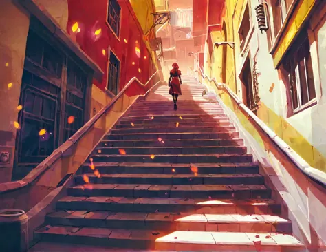 score_9, score_8_up, score_7_up, score_6_up, best aesthetic, arcane, a person walking down a stairway, long shot, concept art, c...