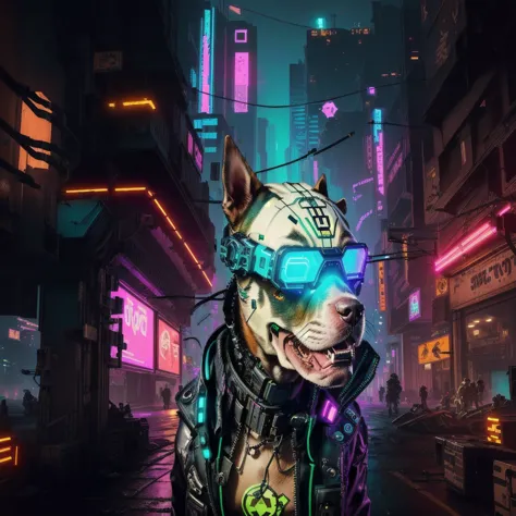 cão brown pitbull cibernético com óculos brilhantes em uma rua da cidade, cyberpunk art style, cyberpunk vibes, cyberpunk themed...