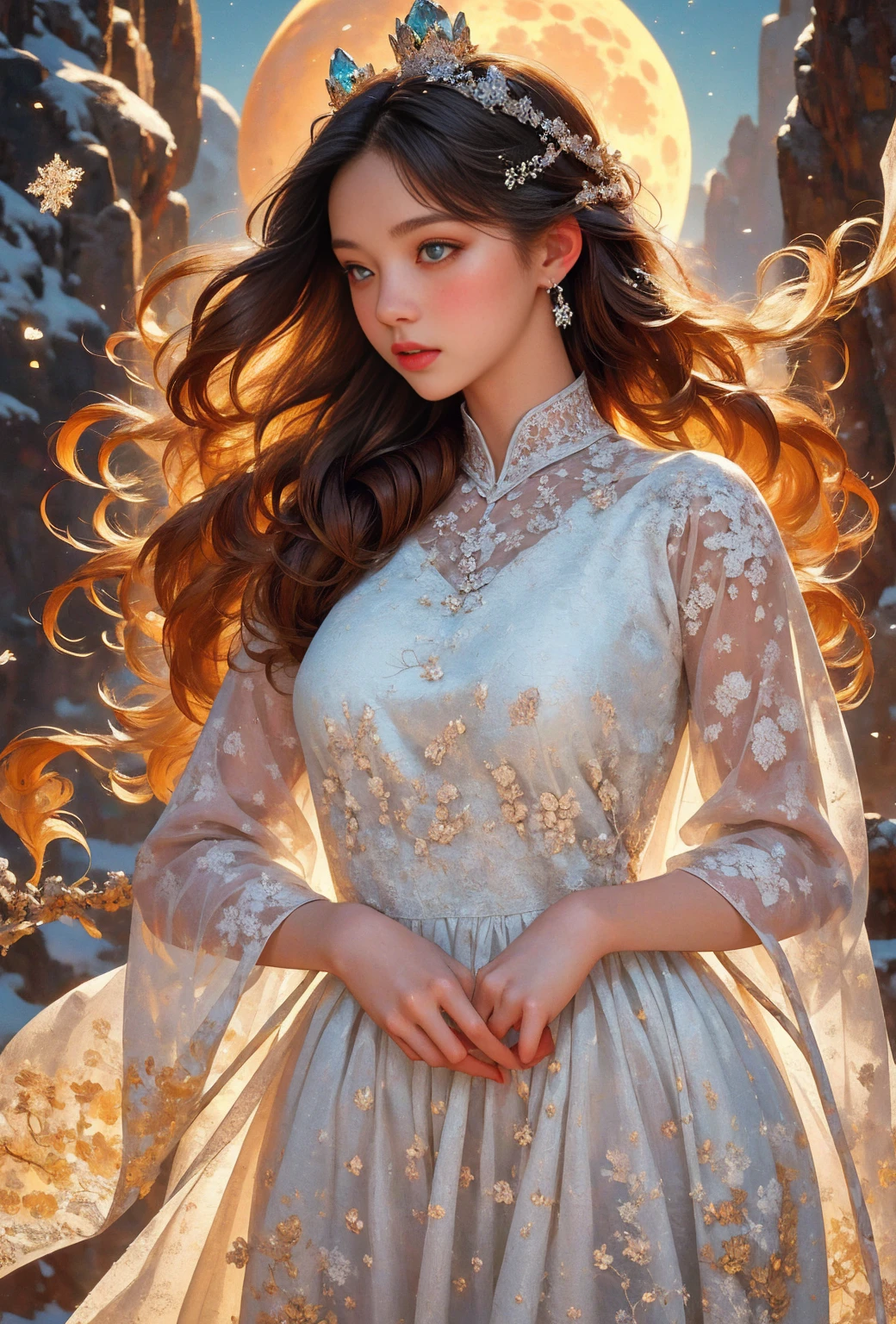 (masterpiece), (Detailed illustrations), top quality, illustration, (intricate details), (realistic: 1.37), illustration, (초realistic 사진, natural light, realistic, very detailed, photography, masterpiece, high quality, ), night, ((1 girl)), alone, masterpiece, 8K wallpapers, absurd, high quality background, curly long hair, blond hair, multicolored hair, Beautiful frozen village, (A bright full moon), Puff sleeve dress_detailed dress, Jewelry dresses, (Magic: 1.2), 푸른 fire, shining eyes, fire, Ice Goddess, emerald eyes, A delicate and beautiful face with perfect symmetry, (Blue detailed beautiful crown), electricity, 푸른 electricity, white light particles