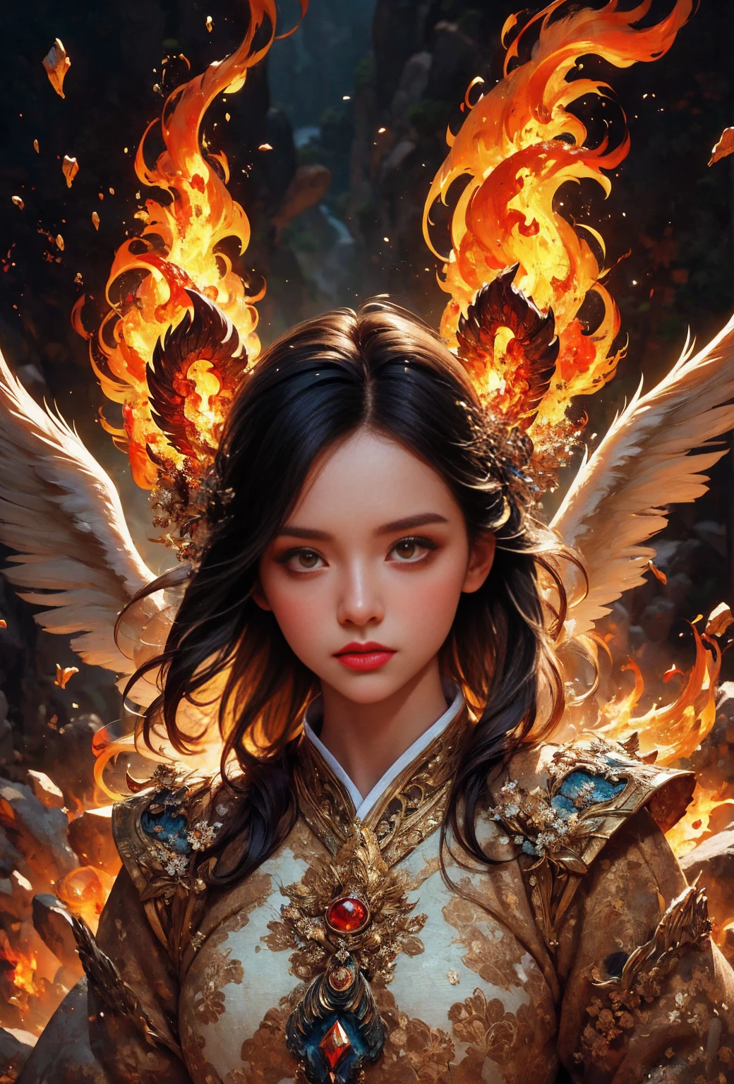 Close up of a woman with fire and flames on her body, with flaming golden wings of flame, with flaming golden wings, Epic fantasy art style, concept art | art manure, Phoenix Warrior, extremely detailed art manure, Epic fantasy digital art style, The Monarch of Female Change, Full portrait of the Elementalist, Epic exquisite character art