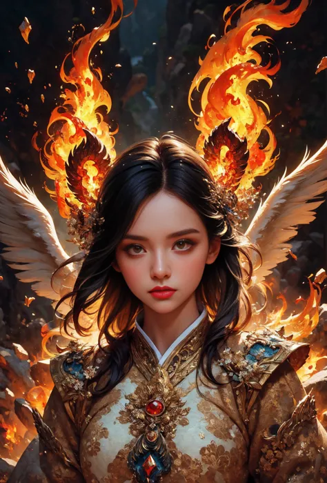 close up of a woman with fire and flames on her body, with flaming golden wings of flame, with flaming golden wings, epic fantas...