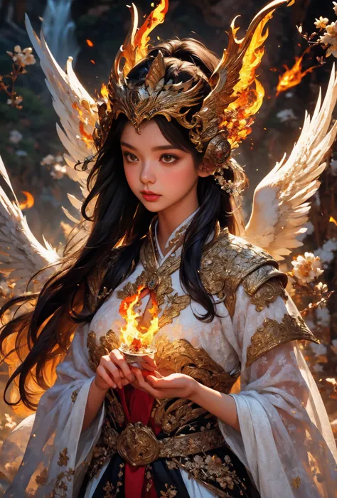 close up of a woman with fire and flames on her body, of flame with golden wings on his back, epic fantasy art style, concept ar...