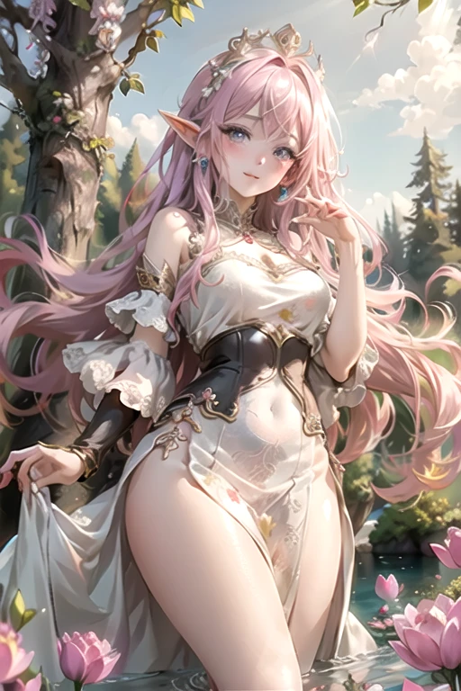 an elf with light pink hair, playing on the water of an enchanted lake, blush cheeks, lilac colored eyes, wearing a crown of white roses and lotus flowers, long white sheer satin dress, shining in a magical forest created by glitter and flying magical creatures, 