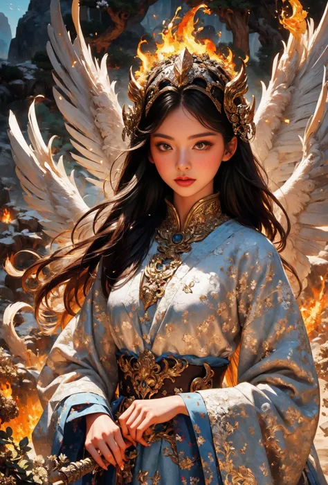 close up of a woman with fire and flames on her body, with flaming golden wings of flame, with flaming golden wings, epic fantas...