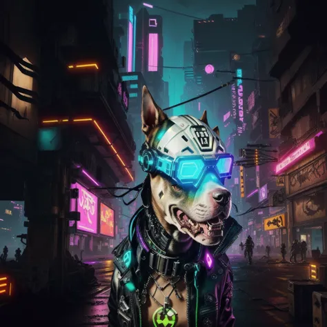 cyber brown pitbull dog with glowing glasses on a city street, cyberpunk art style, cyberpunk vibes, cyberpunk themed art, cyber...