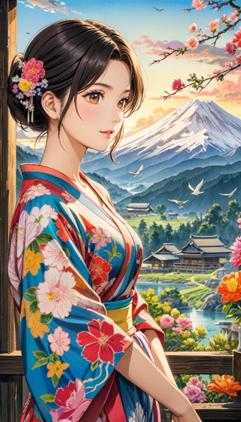  young woman, Beautiful woman in colorful dress, Brown-black hair, (Old wood, bird, Mountain, cloud,Flowers),  Japanese painting, Anime Art, art，advertisement，Colored pencil drawing，draft 