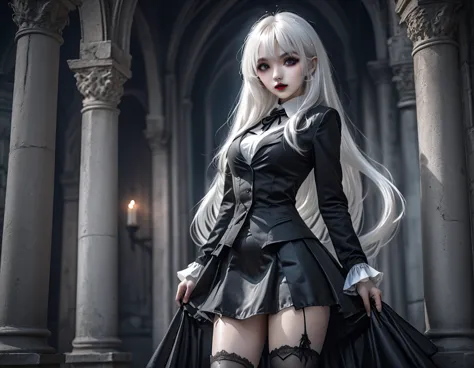 a sexy vampire girl with a slender figure opening her skirt to reveal her round buttocks, with bangs, straight white hair, heter...