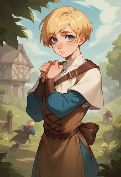 androgynous male,1, blonde hair ((short cut)), fair skin ((freckles)), blue eyes, medieval fantasy