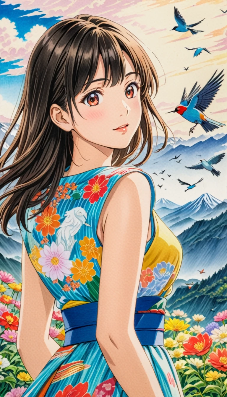  young woman, Colorful Dresses, Brown-black hair, (bird, Mountain, cloud,Flowers, Japanese painting),  Anime Art, art，advertisement，Colored pencil drawing，draft 