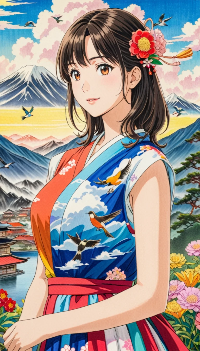  young woman, Colorful Dresses, Brown-black hair, (bird, Mountain, cloud,Flowers, Japanese painting),  Anime Art, art，advertisement，Colored pencil drawing，draft 