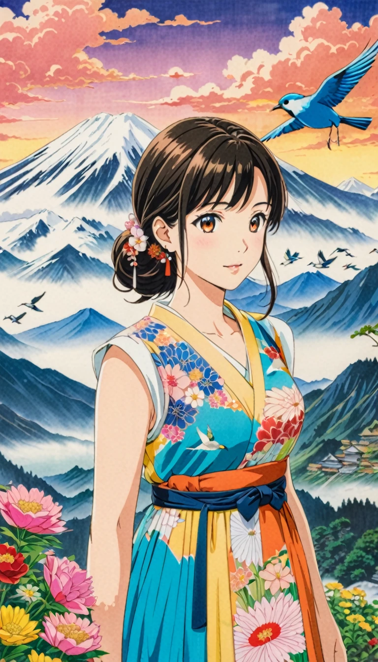  young woman, Colorful Dresses, Brown-black hair, (bird, Mountain, cloud,Flowers, Japanese painting),  Anime Art, art，advertisement，Colored pencil drawing，draft 