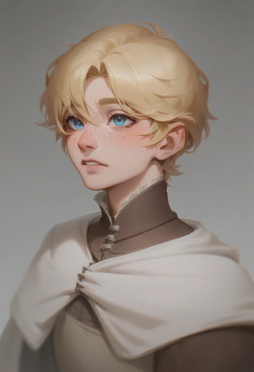 ((4k resolution)), androgynous male, twink, blonde hair ((short cut)), fair skin ((freckles)), blue eyes, golem maker, artificer, medieval fantasy