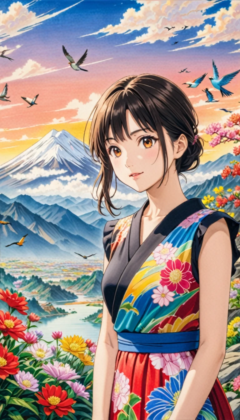  young woman, Colorful Dresses, Brown-black hair, (bird, Mountain, cloud,Flowers, Japanese painting),  Anime Art, art，advertisement，Colored pencil drawing，draft 