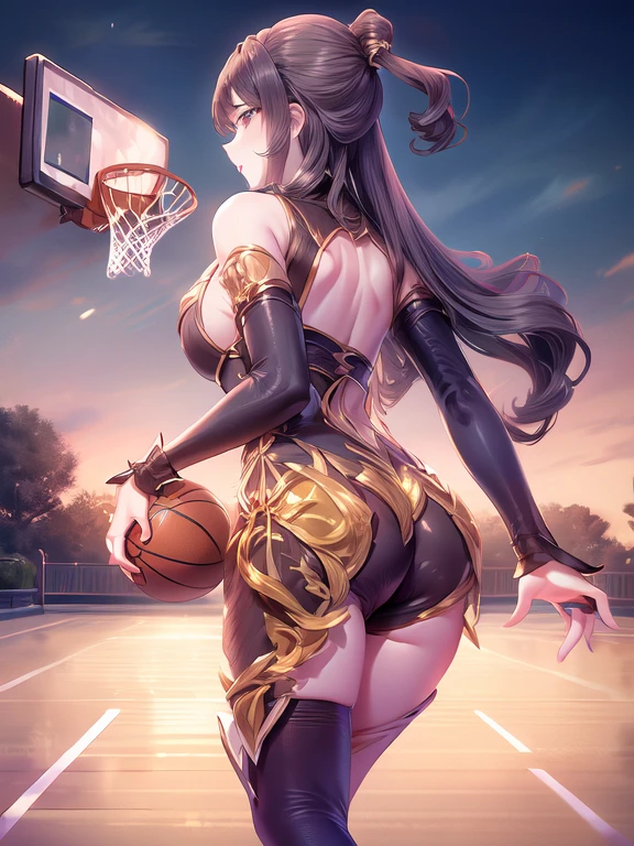 araffes woman holding a basketball over her head in a park, playing basketball, basketball, Westshot, Buckshot, Airshot, breathtaking shot, Dunk, Long shot from behind, from then on a basketball, Shot in the back, Beautiful shots, The perfect shot, long Shot in the back, Rim Light, Shot in the back