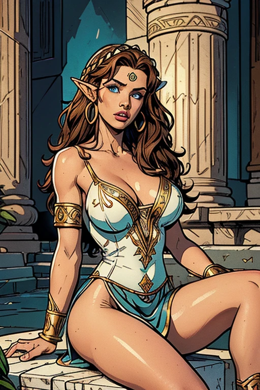 a mature female elf with long curly brown hair, laurel wreath crown, pointed ears, hoop earrings, turquoise blue eyes, thin lips, white Greek tunic, plunging neckline, large breasts, wide hips, seated on opaque marble throne, red embroidered cushion, Greek temple setting, (best quality,4k,8k,highres,masterpiece:1.2),ultra-detailed,(realistic,photorealistic,photo-realistic:1.37),HDR,UHD,studio lighting,ultra-fine painting,sharp focus,physically-based rendering,extreme detail description,professional,vivid colors,bokeh,fantasy,concept art