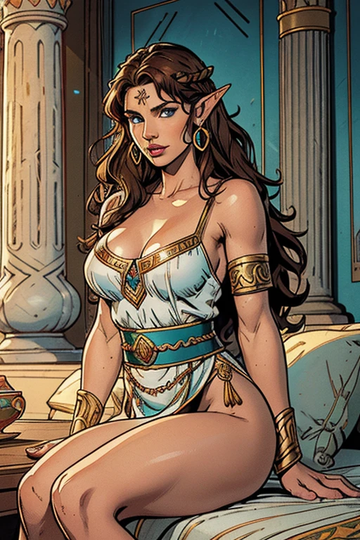 a mature female elf with long curly brown hair, laurel wreath crown, pointed ears, hoop earrings, turquoise blue eyes, thin lips, white Greek tunic, plunging neckline, large breasts, wide hips, seated on opaque marble throne, red embroidered cushion, Greek temple setting,(best quality,4k,8k,highres,masterpiece:1.2),ultra-detailed,(realistic,photorealistic,photo-realistic:1.37),HDR,UHD,studio lighting,ultra-fine painting,sharp focus,physically-based rendering,extreme detail description,professional,vivid colors,bokeh,fantasy,concept art