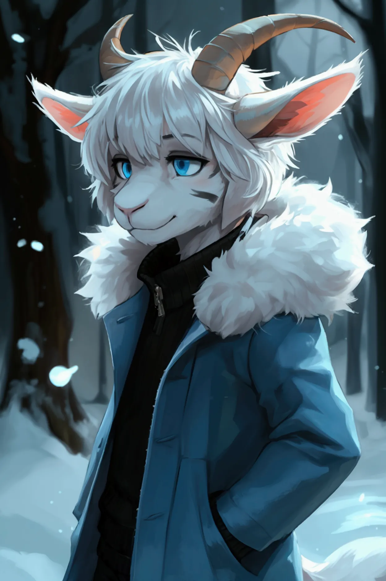 a boy, teenager, innocent, alone, asriel, undertale (asriel dreemurr), smile, eskimo coat (blue coat, no drawing), tall, hairy, ...