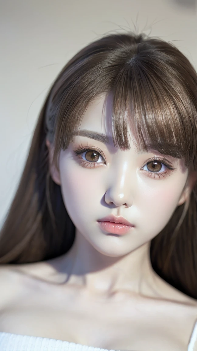 (the most absurd quality perfect eyes), ((natural super beautiful cute sharp-face)), (light pale complexion), ((clear no blur and sharp perfect round realistic brown_eyes:1.25)super detail), finely detailed pupils, detailed lips:1.3, [pink_lipstick:1.3]