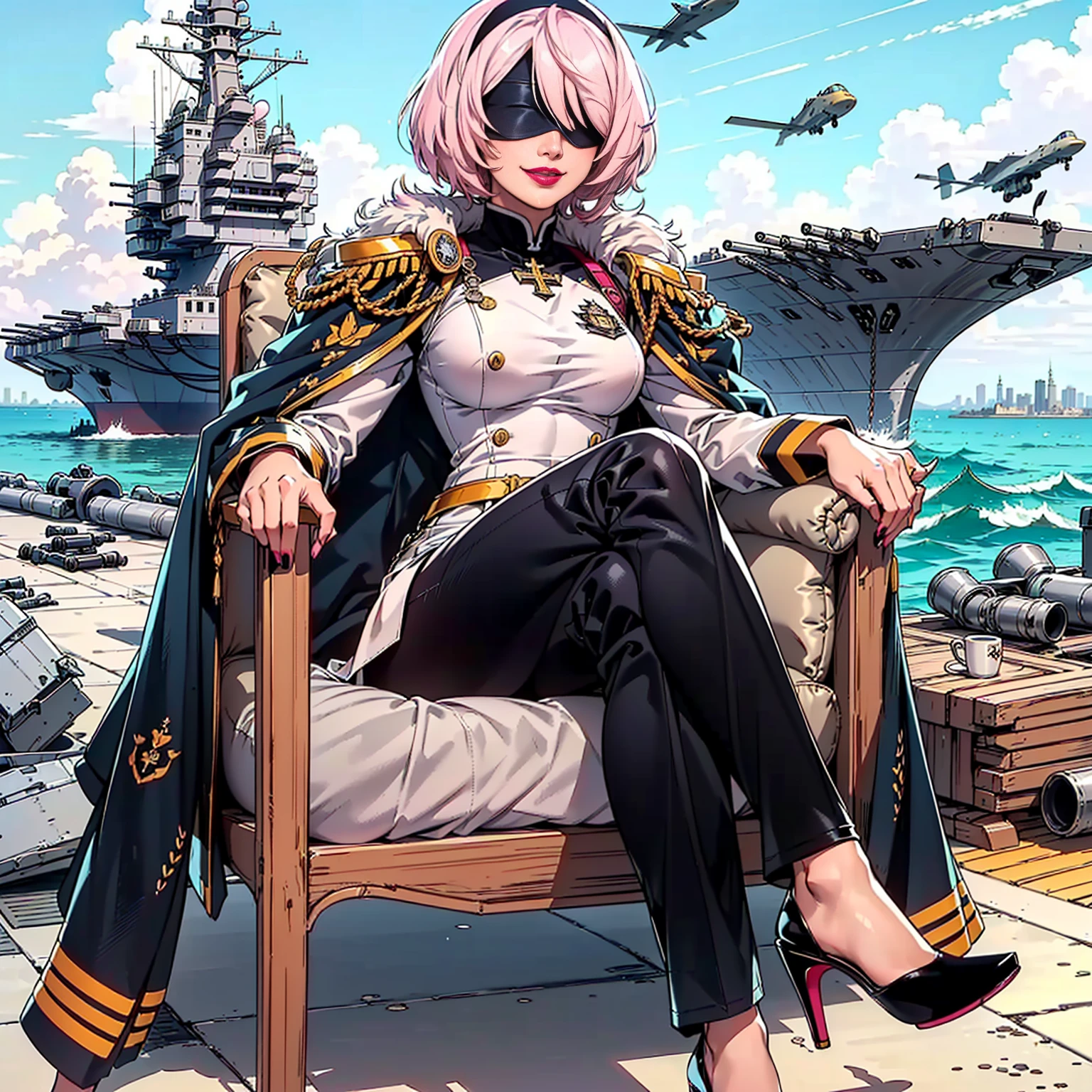 (1girl, Alone, alone), (yorha no.2 type b, 2B, 1girl, solo, short hair, white hair, hairband, blindfold, covered eyes, black blindfold), ((Alone, (1woman,pink lipstick), extremely detailed , Soft ambient lighting, 4K, perfect eyes, a perfect face, Perfect Lighting, the 1 girl)), ((fitness, , shapely body, athletic body, toned body)) , (( female admiral, military uniform, medals, decorations, general's uniform, high heels, stiletto heels, throne, sitting cross-legged, legs crossed, overcoat on shoulders, fur coat, shaggy coat, tsundere, sunset, apartment, window in the background, living room, metropolis in the background, city in the background skyscraper, Persian carpet, aircraft carrier, f-22 fighter, sea, command bridge, command deck, smug smile ))
