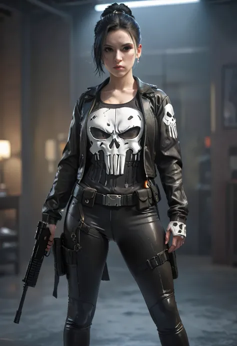 female dressed as punisher, (full body visible), looking at viewer, portrait, photography, detailed skin, realistic, photo-reali...