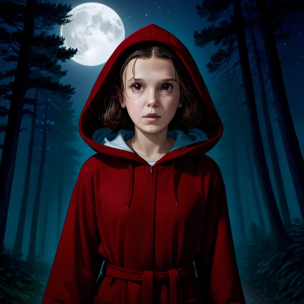 milli3 woman, millie bobby brown, 1 goth girl wearing dark red hooded robe, netflix, stranger things, eleven, in dark forest with full moon lit sky, front view