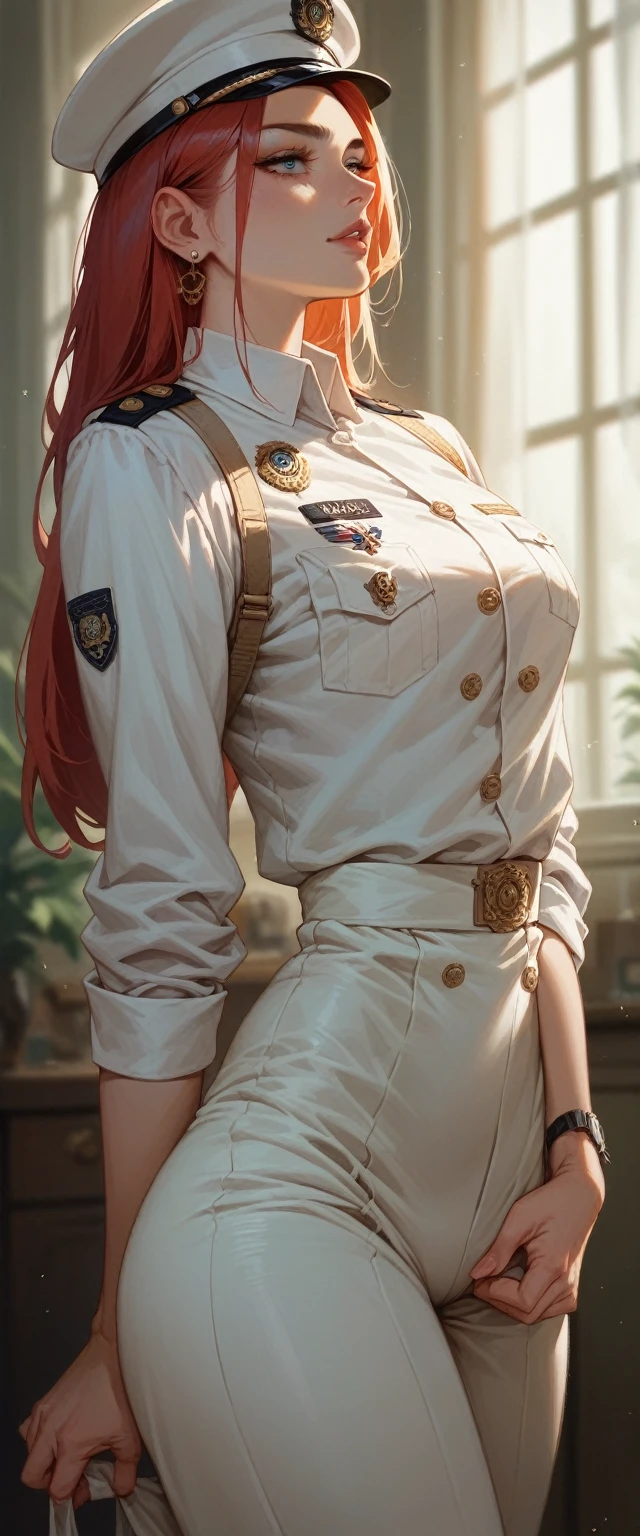 Katrina wears a crisp white naval officer&#39;s uniform, with a sexy white sheer lingerie with fishnet stockings and gold detailing and designed to accentuate her feminine curves. The jacket hugs her bust so tightly that the buttons barely close., and a miniskirt with a leg slit revealing a sensual tattoo and showing off her long, shapely legs covered in sexy light or fishnet stockings. Complete the look with thigh-high stockings and sexy 35cm high heel sandals.