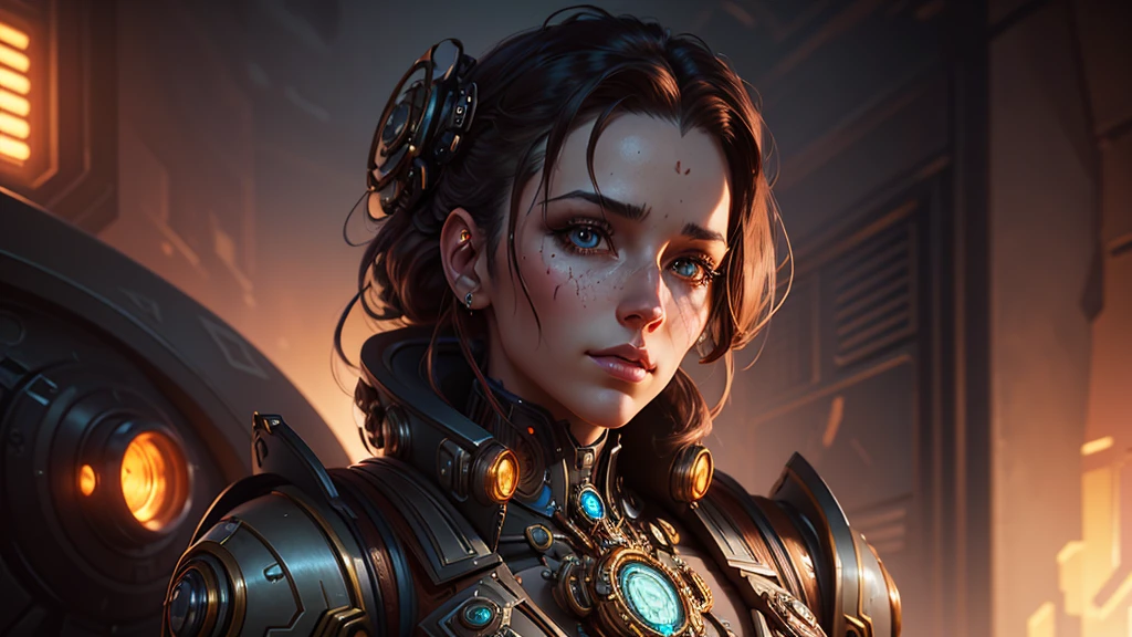 Portrait of a steampunk robot woman, intricately detailed, digital lighting, sunset gradient, trending artstation hq, octane render, unreal engine 4 mdjrny-v4 style