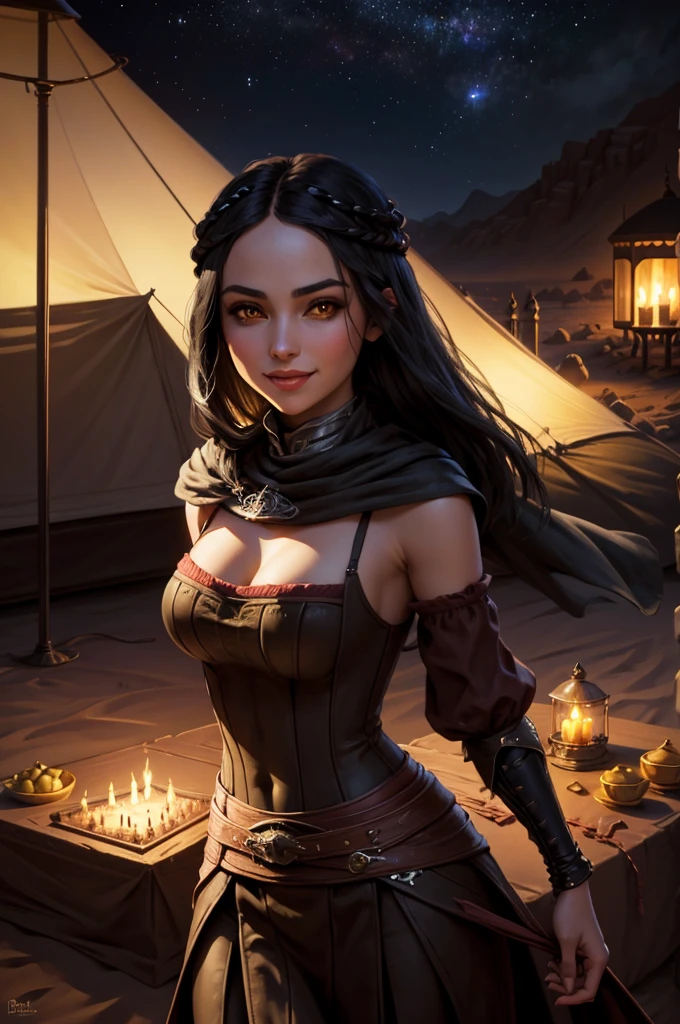 Serana, Masterpiece, ultra-high quality, 4k, 1girl, black hair, yellow irises, desert tent, nighttime, harem dancer outfit, smiling