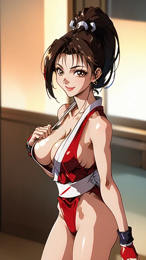 ((mai shiranui,ponytail,background is a japanese-style room in a japanese house:1.3)),upper body, looking at the audience,slim a...