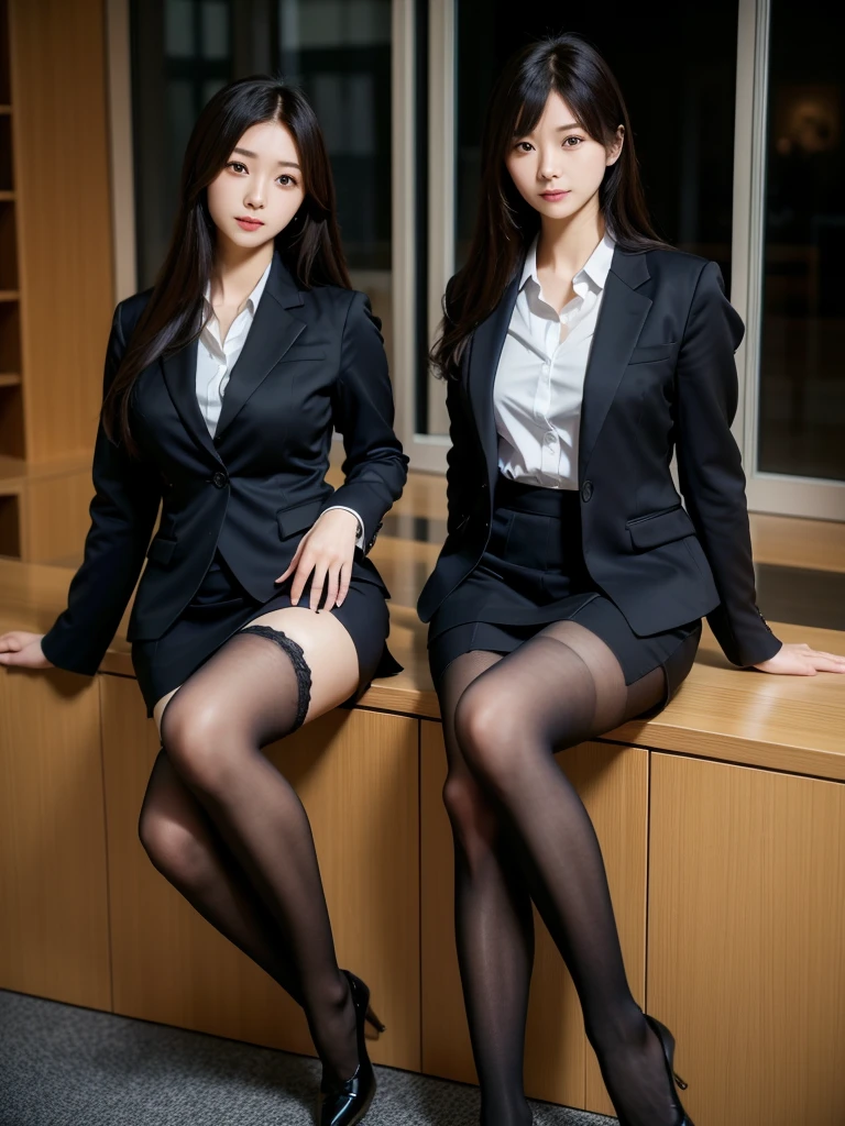 business suit、stockings、Heel、(Highest quality)、((Very detailed))、4K、(8k)、masterpiece、Very detailedな、Highest quality、Super Resolution、1 person、Kind Face、Soft Light、RAW quality、Soft Skin、163cm、2、Textured skin、Thighs、office