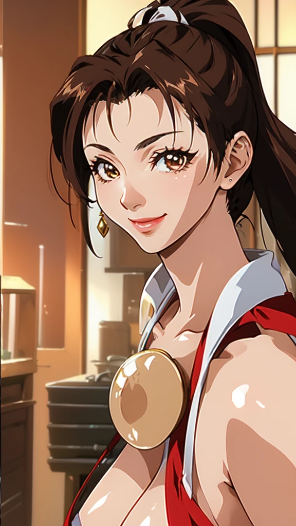 ((Mai Shiranui,ponytail,Background is a Japanese-style room in a Japanese house:1.3)),upper body, Looking at the audience,Slim and sexy figure, the best quality, (8k), (4K),(masterpiece), (the best quality), Extremely detailed, Game CG, Ultra Detailed, illustration, Beautiful Body,Beautiful nose,fair character design, Perfect Eye, Perfect Face , 1 girl, 30 years,Fair Finger,Fair body, Fair Nose,Fair character design, perfect Eye, perfect Face,expressive Eye,Perfect balance,(Focus on her Face),(Light_Smile:0.3), official art,Extremely detailed CG Unity 8K wallpaper, Perfect lighting,rich and colourful, bright_front_Face_Lighting,White skin, (masterpiece:1.0),(the best_quality:1.0), Ultra-high resolution,4K,Ultra Detailed, photography, 8k, HDR, high resolution, Kodak Portrait 400, Film Grain, Blurred background, bokeh:1.2,Professional photographer, (Fair,Big goals_Chest:1.4), underwear,lace, underwear, lingerie、(((smile,pretty face:1.3)))