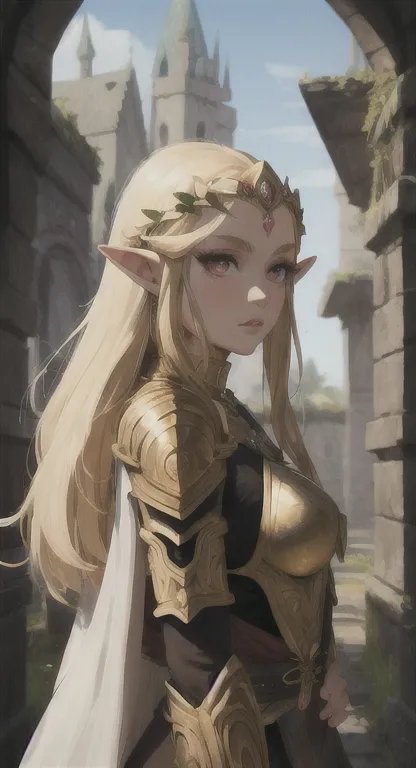 ancient hylian, devine princess hylia, blonde, red eyes, looking at viewer, pov, ancient golden goddess armor, long messy hair, ...