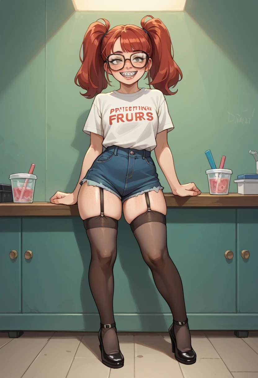 a shirt with the words 'ALL YOURS' written in large font with the fabric of which stopped just after her bosom leaving her stomach exposed with a massive mid drift, and a pair of high-heels and thigh-high mesh stockings., pale-skinned, lean, spindly girl with red hair and freckles, pigtails, prescription glasses and braces