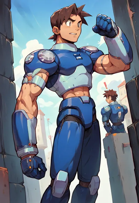 highest quality,raw photos,professional art works,guts pose,m3g4m4n,blue armor,muscular,brown hair, boy,