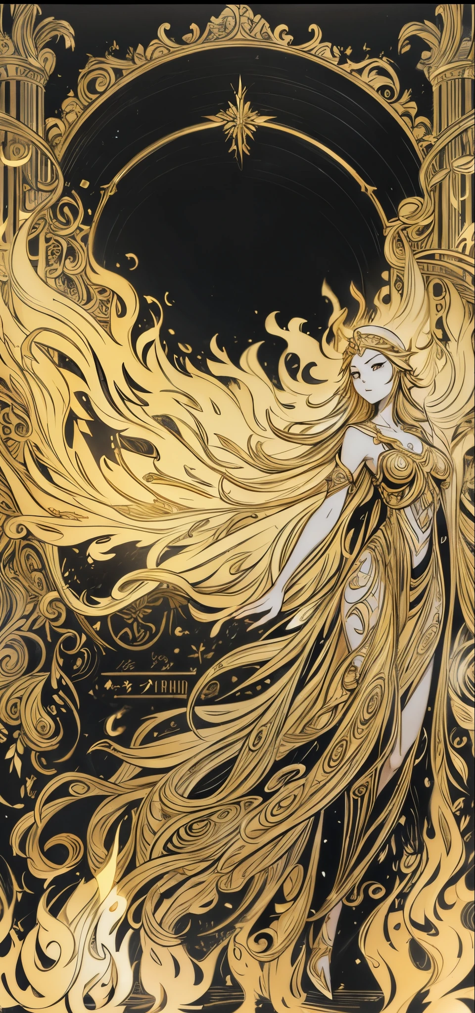 a label gold line art in Final Fantasy Logo style goddess of fire laying in air from left to right at the bottom of the label. The goddess is [wearing an elegant dress]. Her long hair is on fire, longer than her body. Intricate line art Tribal stencil flames at the background. At the top of her is a blank space for Brand name. The artwork should be high-quality, detailed, and flat shaded.
