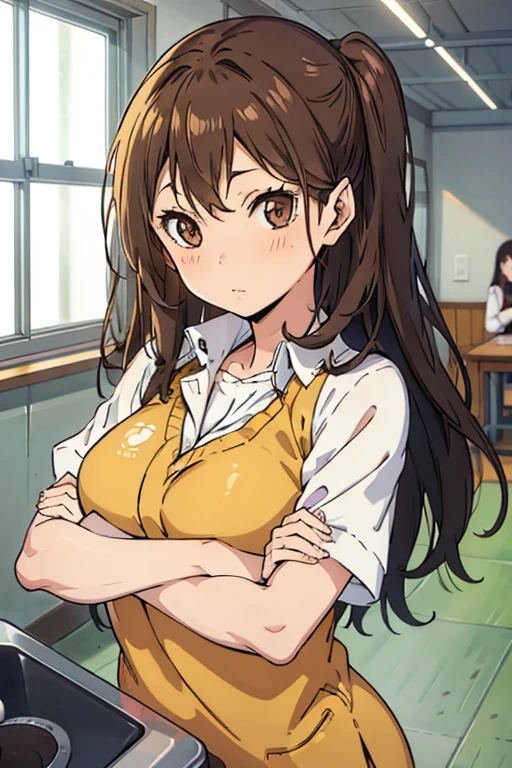 make me an oc of an anime called ハイキュー!!, Her long, wavy brown hair, Her honey-colored eyes with her Karasuno school uniform