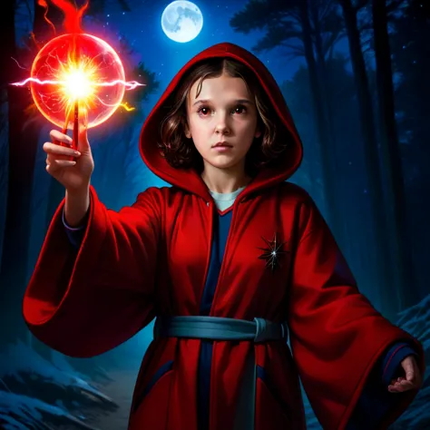 milli3 woman, millie bobby brown, 1 tough girl wearing red dark hooded silk wizard robe with glowing plasma flaming orb in her h...